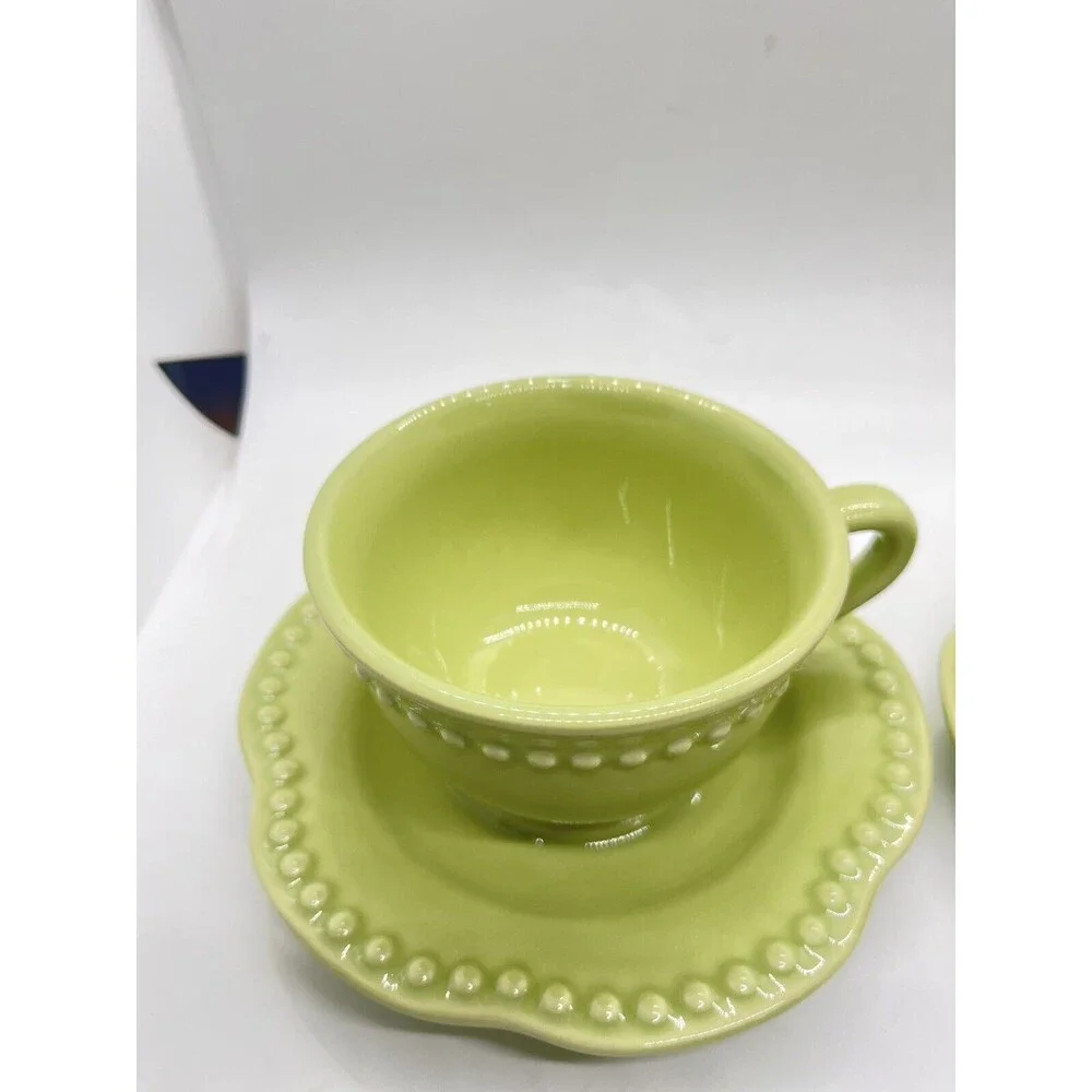 SET OF 2 POTTERY BARN EMMA GREEN BEADED CUP & SAUCER SETS PORTUGAL